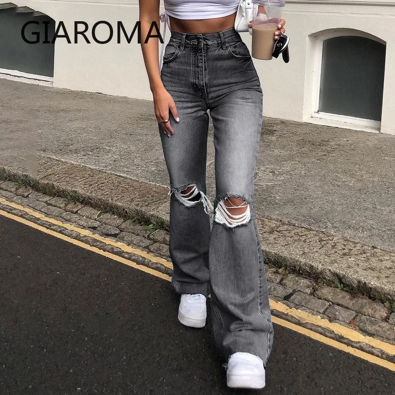 

Ripped Jeans Woman High Waisted Straight Leg 2021 Spring Summer Baggy Vaqueros Mujer Mom Denim Pants Boyfriend Streetwear Casual