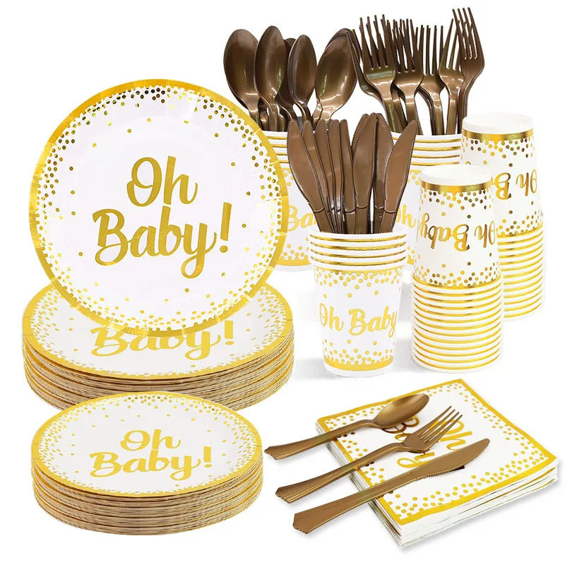 Gold Oh Baby Printed Disposable Tableware Set  Baby Shower Christening Decor Gender Reveal Pregnancy Birthday Party Decoration
