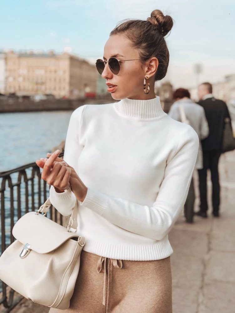 Свитер с высоким воротником Женский пуловер свитер облегающий вязаный