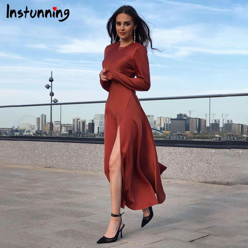 

Женское атласное платье Instunning с длинным рукавом и круглым вырезом