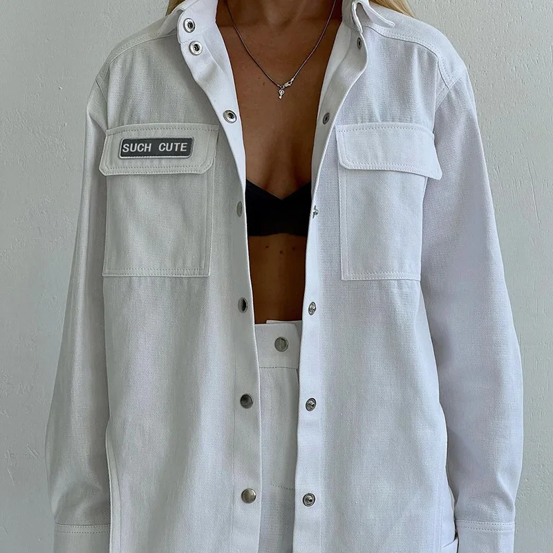 

Streetwear Cargo Long White Blouse Women Jacket Coat Pockets Casual Loose Buttons Up Cardigan Autumn Blouses Shirts