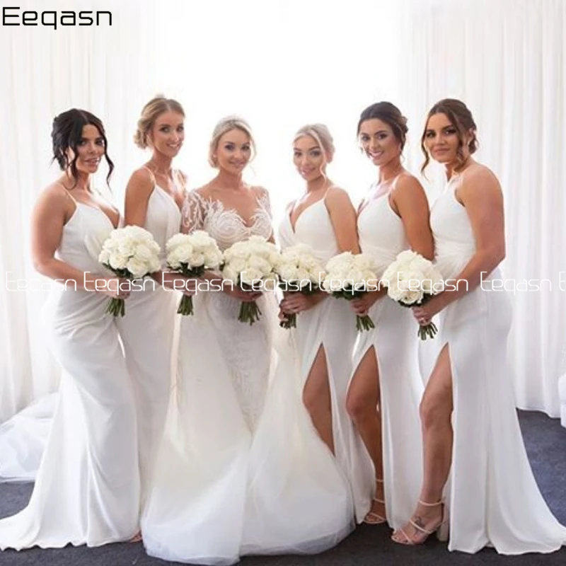 

White Satin Sexy V Neck Long Mermaid 2020 Bridesmaid Dresses Side Split Floor Length Maid Of Honor Gowns Wedding Guest Dress