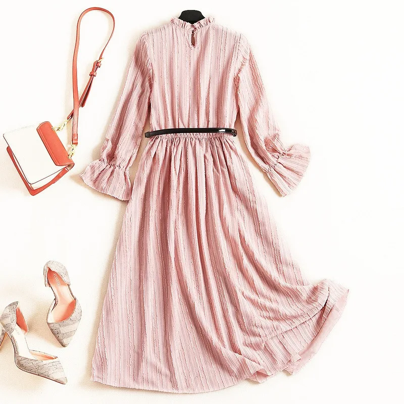 Макси платье для женщин осень весна одежда Винтаж Дамы розовые длинные платья