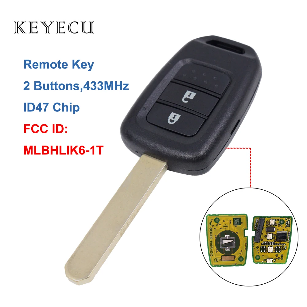 Keyecu дистанционный ключ брелок от машины 2 кнопки 433 МГц ID47 чип для Honda Accord Civic City BR V