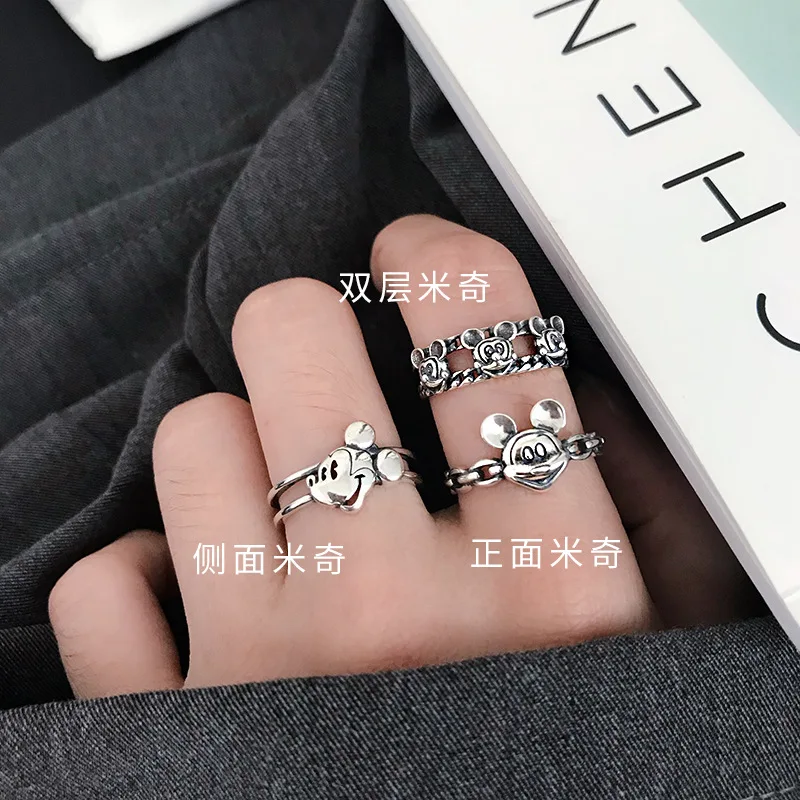 

Disney 925 Silver Cartoon Retro Mickey Ring Cute Mickey Mouse Open Ring Student Gift Womens Rings
