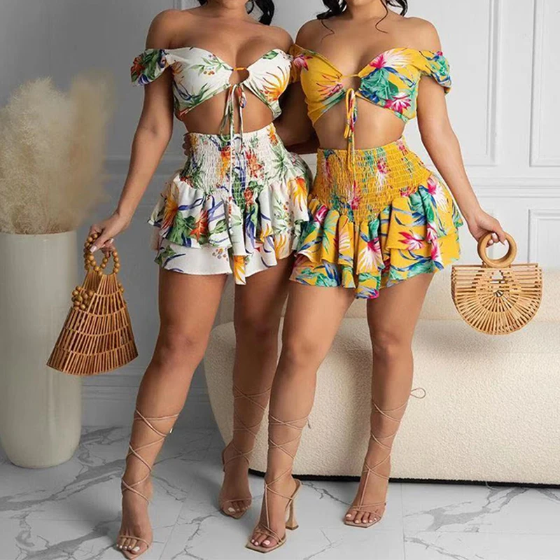 

Women Summer Chiffon Floral Print Chest Wrap Lace Up Top & Pleated Mini Skirt Two Piece Set Skirt Set