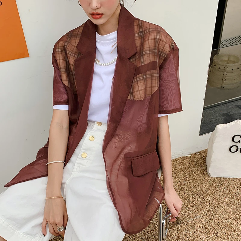 

VGH Temperament Plaid Shirt For Women Notched Short Sleeve Patchwork Hit Color Loose Blouses Females Summer Fashion 2021 Stylish