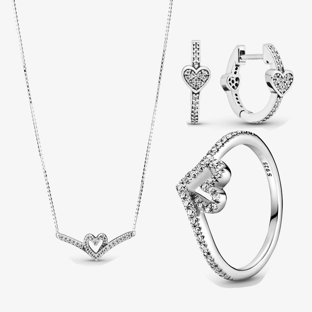 

925 Sterling Silver Sparkling Wishbone Heart Collier Necklace Earrings Ring Jewelry Set For Women Wedding party wear Jewelry
