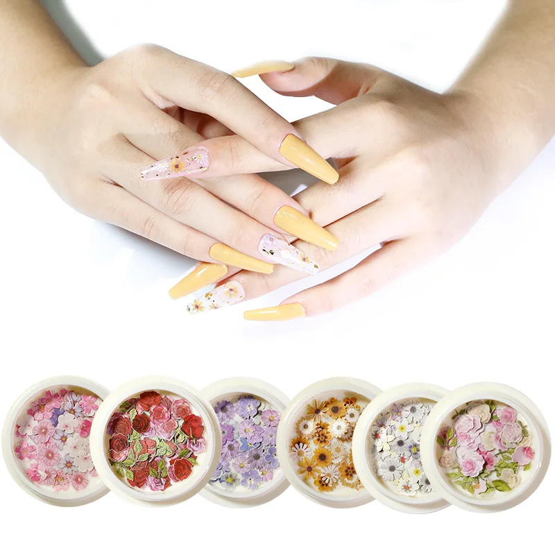 

50 pieces/box Dried Flowers Nail Art Decorations Colorful Natural Dry Flower wood pulp Stickers UV Gel Manicure Decals