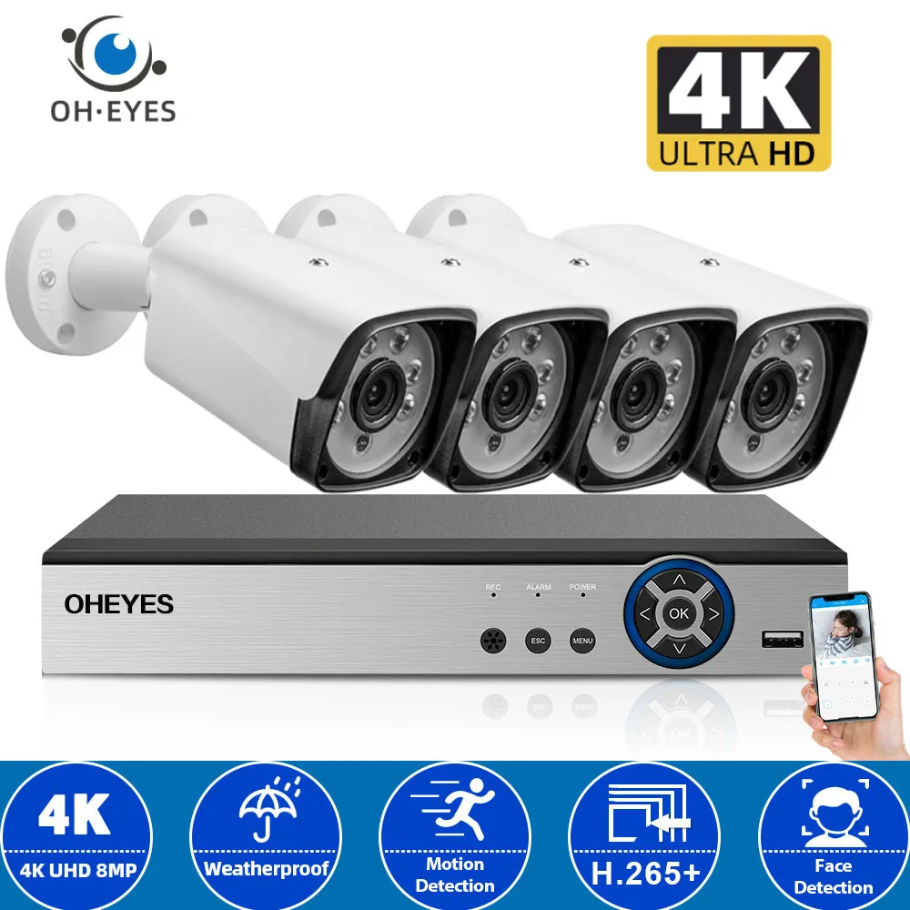 

4 Channel CCTV Camera Security System Kit 4K DVR Kit Outdoor Waterptoof Bullet Camera video Surveillance System Set 8MP 4CH DVR