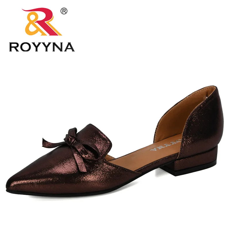 ROYYNA 2020 New Designers Bowknot Shiny Leather Chunky Low Heels Single Shoes Woman Comfortable Pointed Toe Pumps Zapato Mujer | Обувь