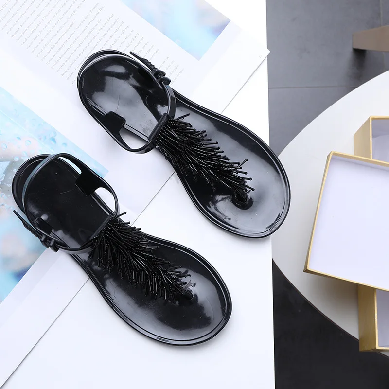 

Women Flat Sandals Tassled Beaded T-Type Belt Flip-Flop Solid Color Comfortable Foot Toe