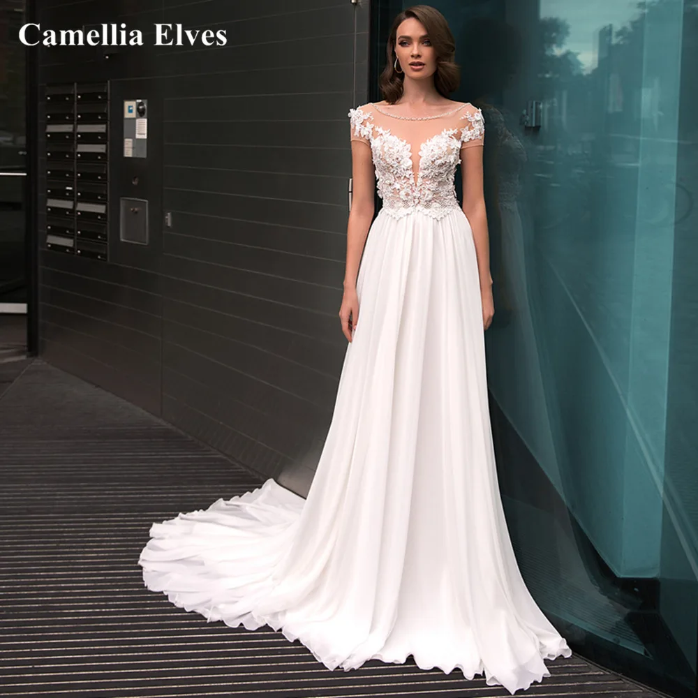 

Luxury Beaded Chiffon A-Line Wedding Dresses 2022 Backless Scoop Neck Lace Appliques Bohemian Bridal Gown Vestidos De Novia