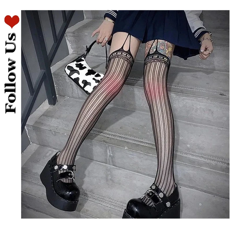 

Japanese Gothic Thigh High Socks Female Dark Punk Lolita Loli Sexy Pantyhose Women Breathable Over Knee Socks Fishnet Stockings
