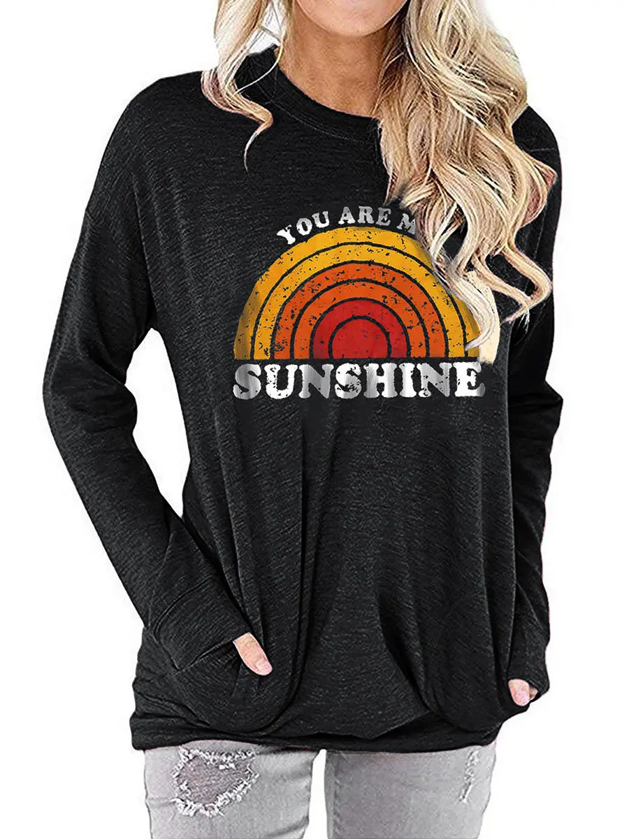

Carney women's pocket sweater sunshine printed round neck long sleeve T-shirt