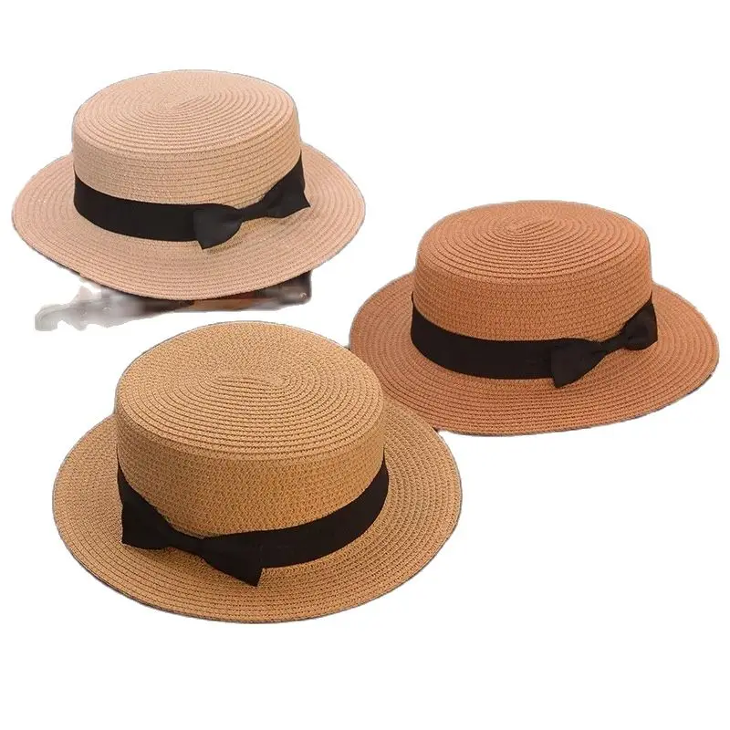 Соломенная шляпа для мальчиков и девочек пляжная на плоской подошве с черными