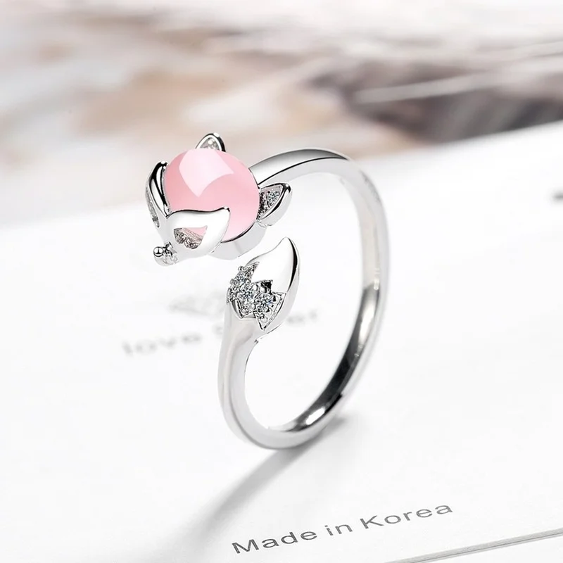 

925 Sterling Silver New Woman Fashion Jewelry High Quality Crystal Zircon Agate Fox Ring Size Adjustable Ring Wholesale Bulk