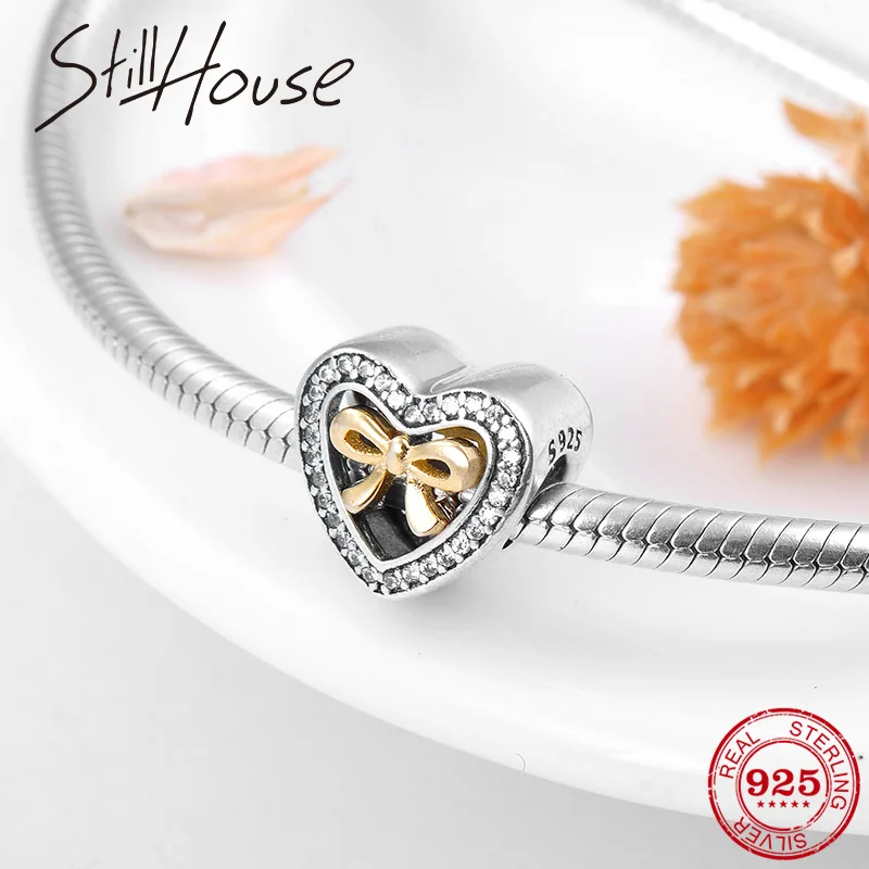 Бусина Шарм сердечко из серебра 2018 пробы с золотым бантом|Ювелирные шармы| |