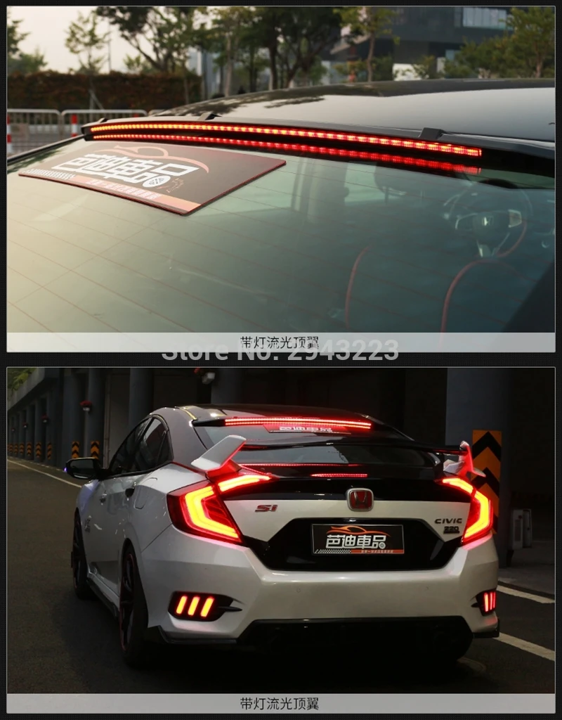 For Honda Civic Spoiler 10th ABS Plastic Gloss Black Color Rear Roof Trunk Wing Boot Rear Spoiler With Led Light