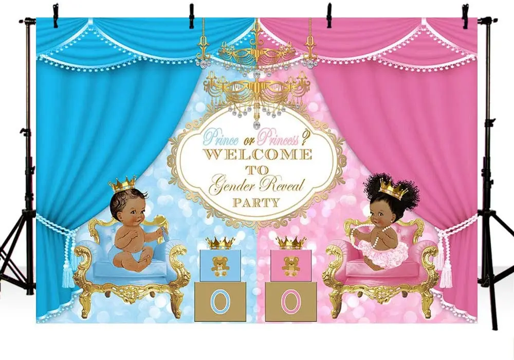 Prince or Princess Royal Gender Reveal Party Photo Background Unisex Baby Shower Pink or Blue Curtain Bokeh Gift Decoration