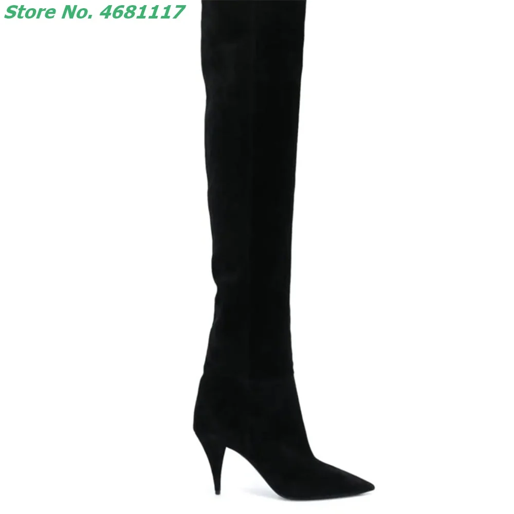

Solid Pointed Toe Over The Knee High Super High Block Spike Heel Boots Slip On Matte Genuine Cow Leather Black Women's Shoes