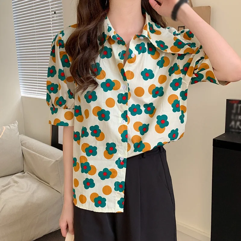 

Женская винтажная блузка с цветочным принтом, повседневные женские топы с коротким рукавом, рубашки, уличная одежда с V-образным вырезом, Оф...