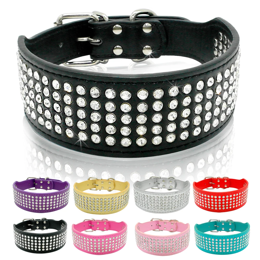 

Rhinestone Leather Dog Collars Bling Diamante Crystal Studded Dogs Pet Collars 2inch Wide for Medium & Large Dogs Pitbull Boxer
