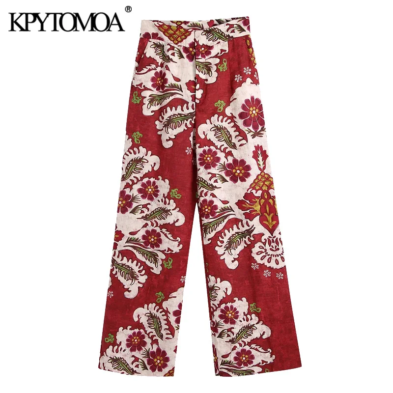 

KPYTOMOA Women Chic Fashion Side Pockets Printed Wide Leg Pants Vintage High Waist Zipper Fly Female Trousers Mujer