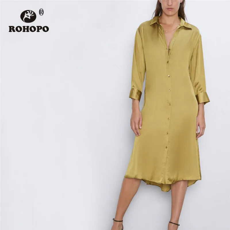 ROHOPO длинный рукав на пуговицах женская желтая блузка платье миди отложной