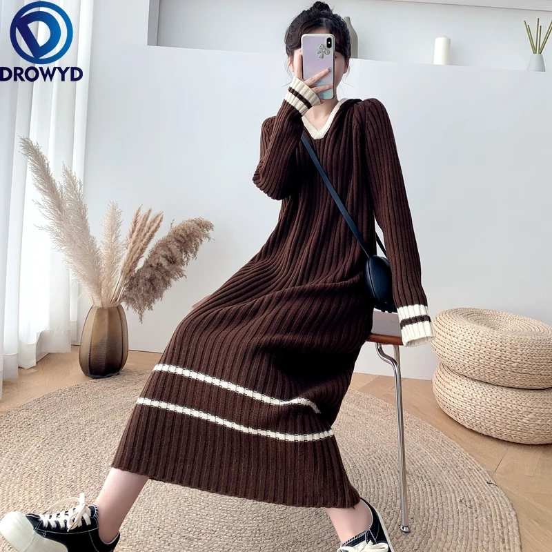 

2021 Autumn and Winter Korean Version of The Knee-length Hooded Thick Knitted Dress Striped Sweater Dress Stretch Pullover Dress