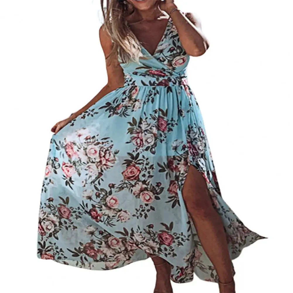 

Женское платье средней длины без рукавов, элегантное дизайнерское платье из полиэстера с цветочным принтом и разрезом, Пляжная уличная оде...