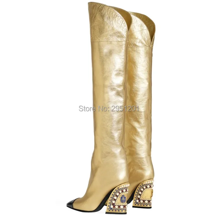 Роскошные сапоги на танкетке высоком золотом каблуке женские зимние до колена с