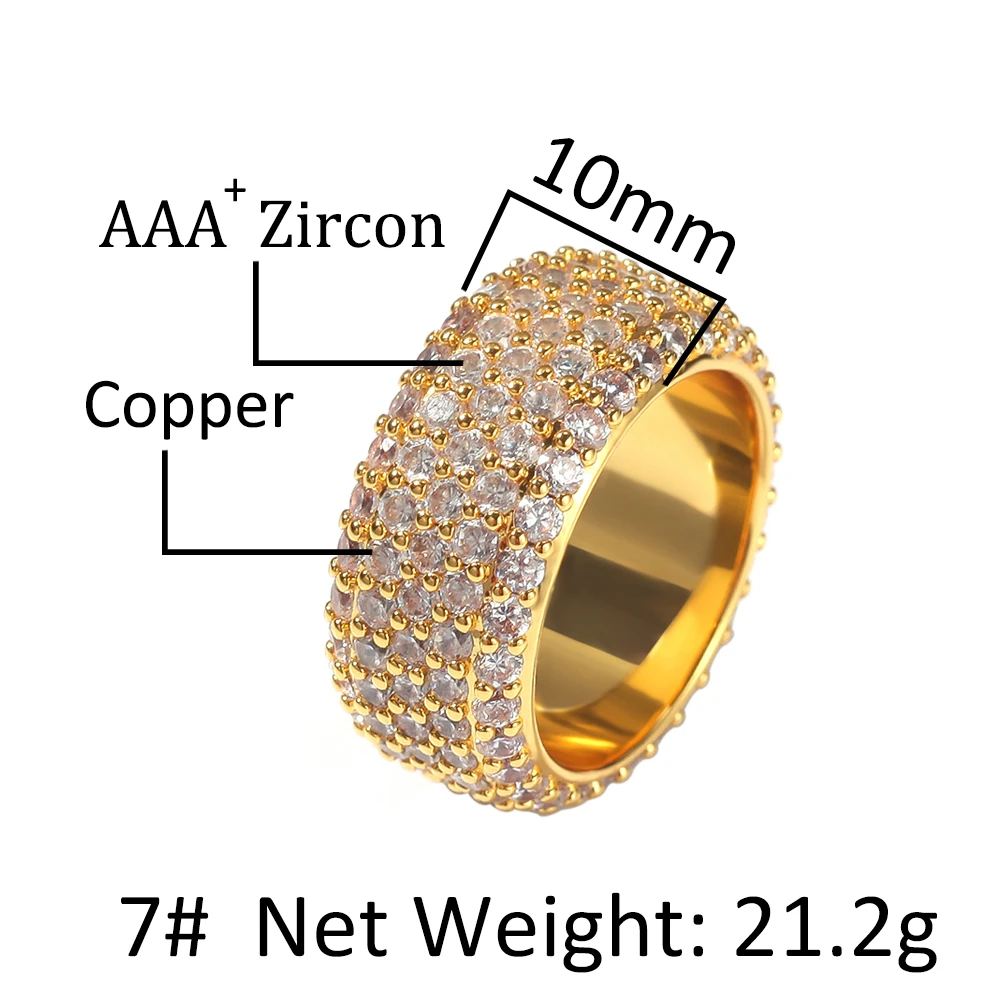 

UWIN 10mm Micro Paved Iced Out Cubic Zirconia Ring Men Women Gold Color 5 Row Cz Hiphop Rapper Ring Jewelry