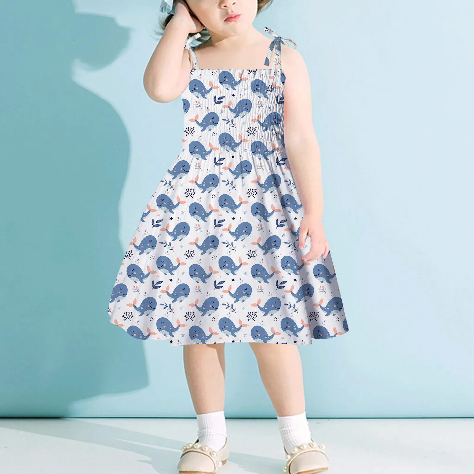 

2021 Animal Cetacean Print Summer Dress Toddler Kids Baby Girls Slip Dress Floral Beach Dress Kids Clothes Girls Children Dress