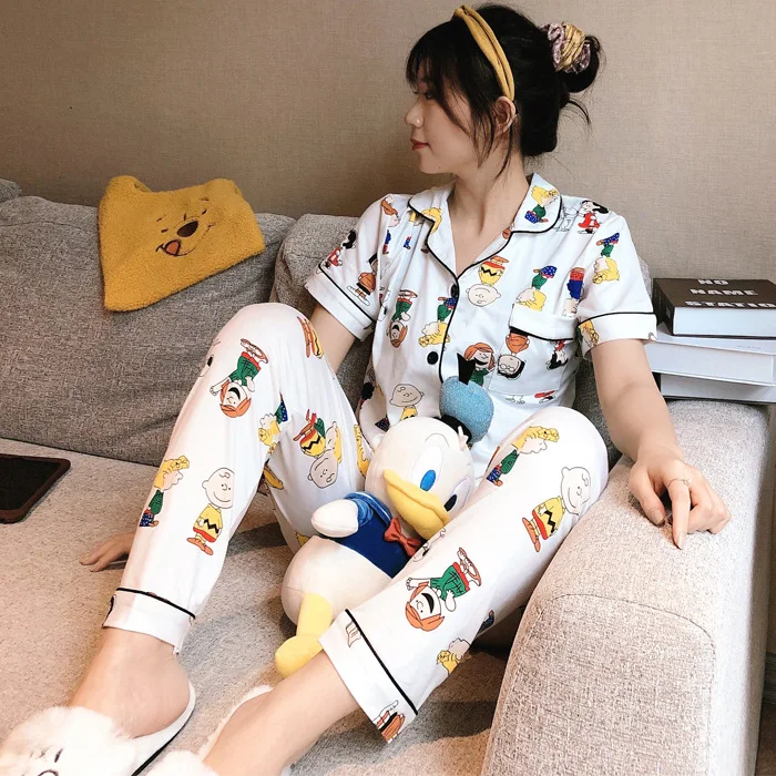 

2021 New Women's Pajamas Summer Short-sleeved Trousers 2 Pcs Sets of Home Clothes Cartoon Printing Loose Ice Silk Cool Pyjamas