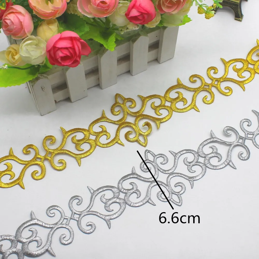 1 Yard Gold Embroidered Lace Appliqued Iron On Europe Vintage Diy Garment Trims 6.6cm |