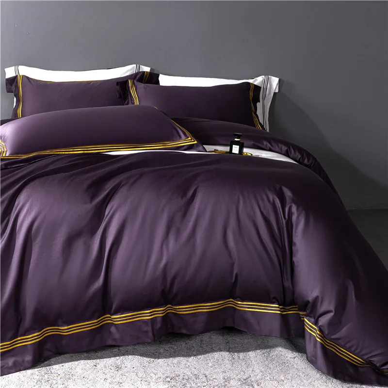 

Solid Color Bedding Set 600TC Egypt Cotton Bedclothes Gold Stripes Embroidery Purple Duvet Cover Bedspread Bed Sheet Pillowcases