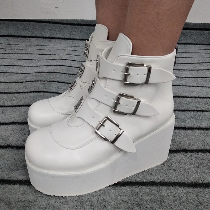 

Fashion Women Buckle Shoes Back Zipper White Purple Platform High heeled Boots Black Round toe Plus Size 43 Ladies Winter Boot