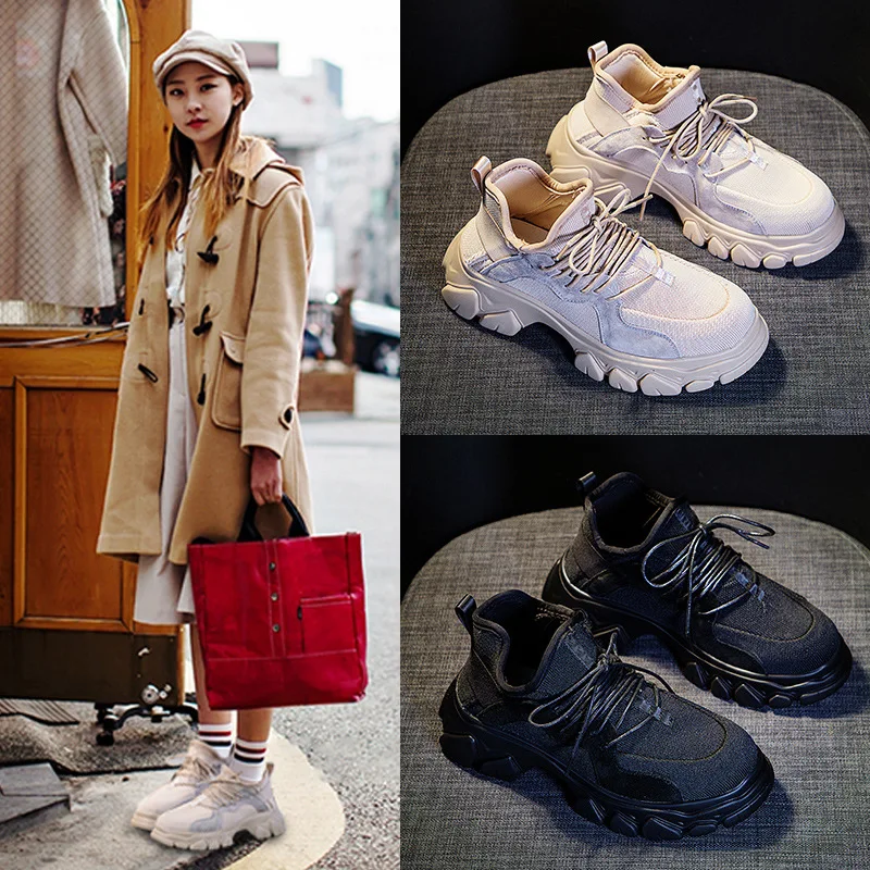 Женские кроссовки из натуральной кожи на толстой подошве черные повседневные