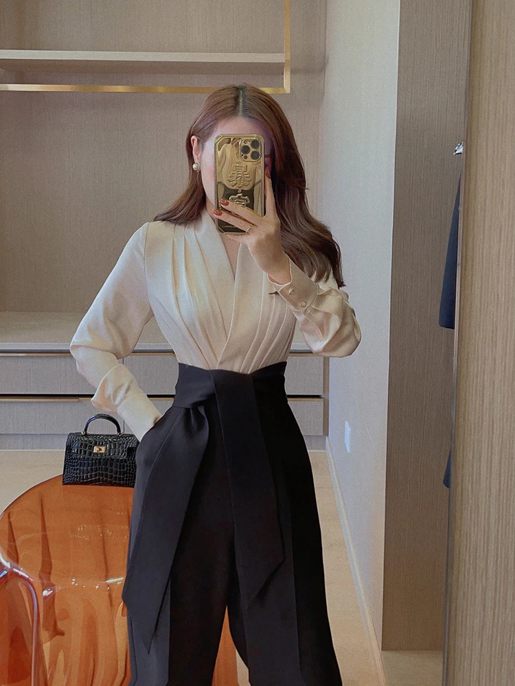 

Elegant Long Sleeve Overalls For Woman V-Neck Lace Up Jumpsuit Autumn Rompers Playsuits Female Outfit Korean Clothing