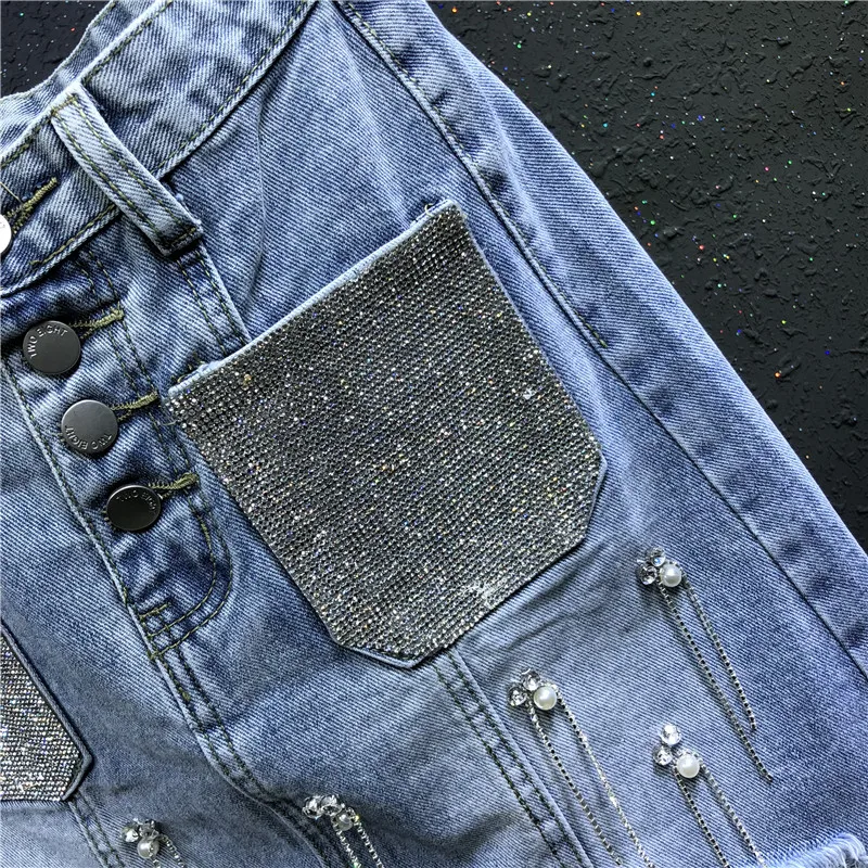 2019 Летняя мода женские Стразы с карманами на пуговицах завышенной талией