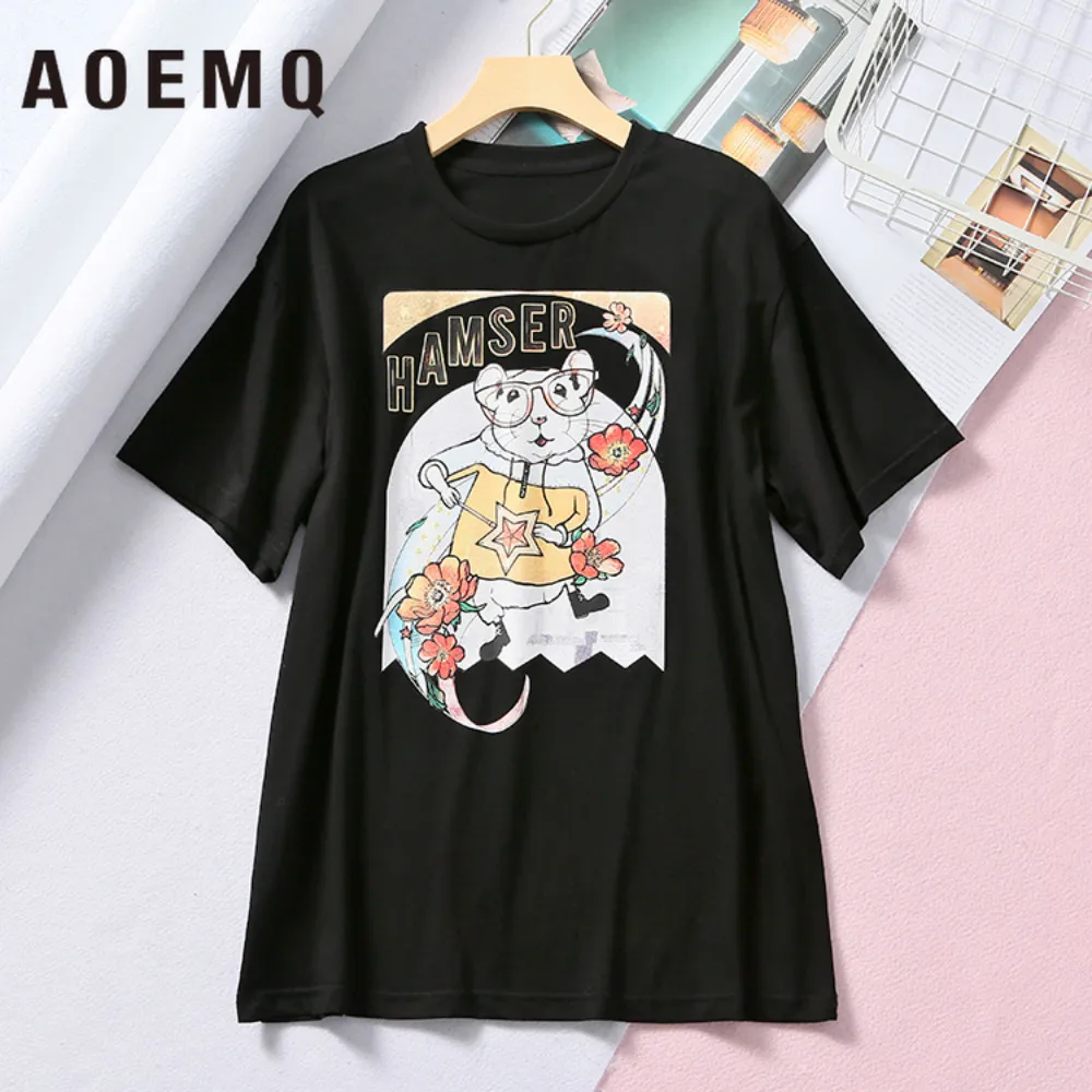 AOEMQ 5 Colors T-shirts Cartoon Animal Mouse Pattern Casual Breathable Cotton Sweat Women Summer Clothing | Женская одежда