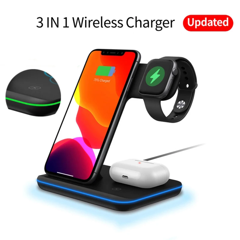 

3-in-1 Wireless Charger Stand 15W Fast Charging Dock Station For IPhone Samsung Huawei Apple Watch 5 4 3 2 Airpods Dropship