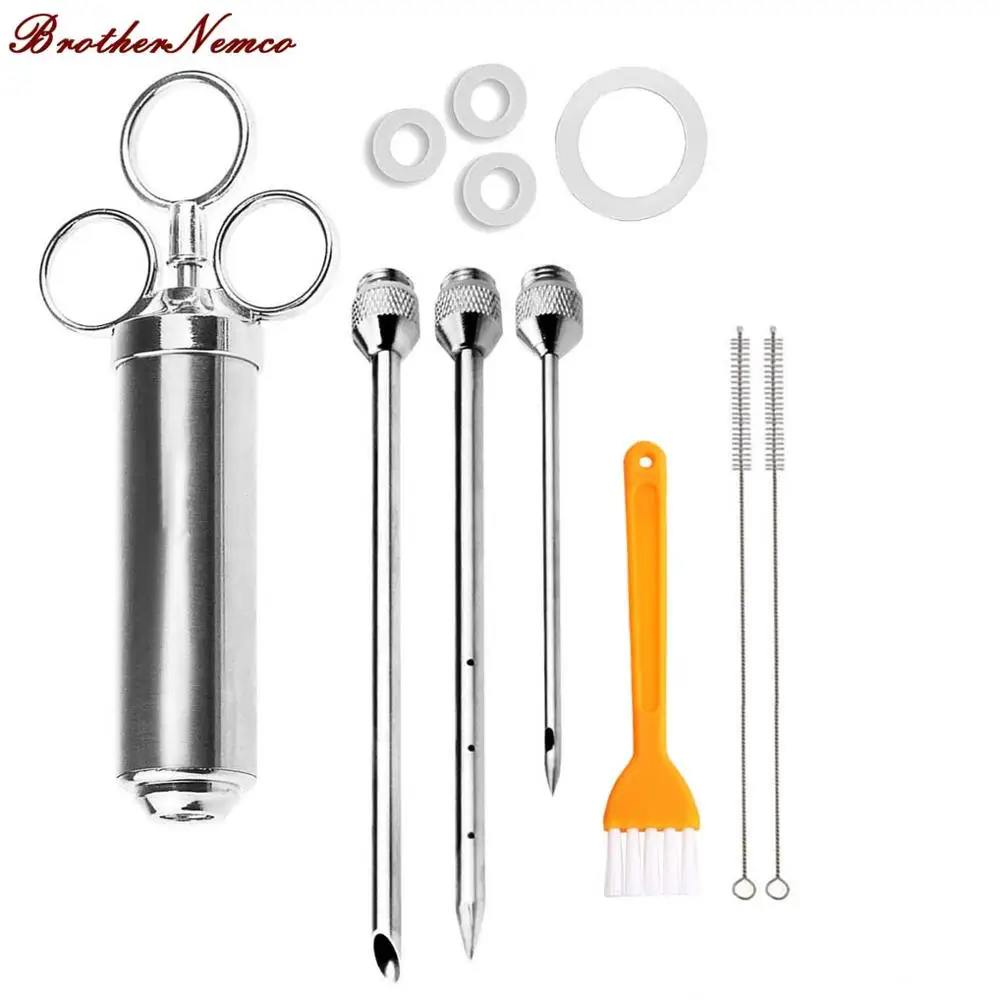 3needles 3brush Гриль 2-унций маринада приправа инжектор индейки мяса инжекторы нержавеющая сталь приготовления шприц инъекции с 2-5 иглы - Цвет: 3needles 3brush