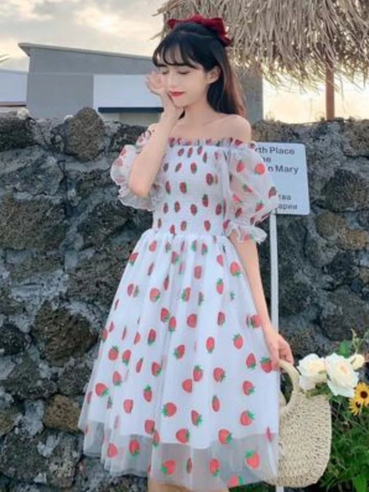 

Multicolor Strawberry Pink Mesh Dress Women Short Puff Sleeve Sexy O-neck Lace-up Bow Tunic Lolita Dresses 2021 Women New Dress