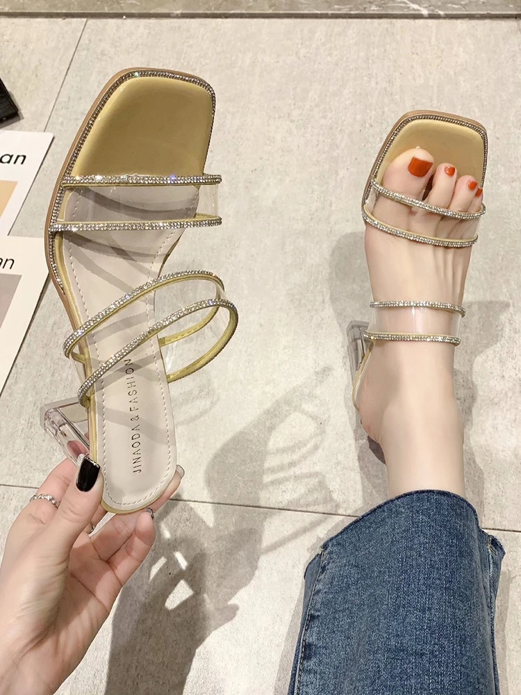 

Shoes Woman 2021 Slippers Summer Transparent Heel Square Toe Heeled Mules Pantofle Luxury Slides Jelly Flip Flops High New Desig