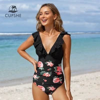 cupshe black floral v neck ruffled one piece swimsuit women sexy cutout lace up back monokini 2021 beach bathing suits swimwear