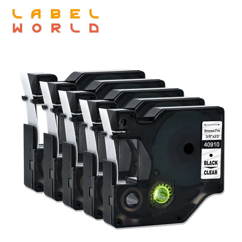 

Label World Compatible for Dymo D1 9mm Label Tape 40910 Black on Clear Label Ribbons for Dymo Label Printers 5PACK