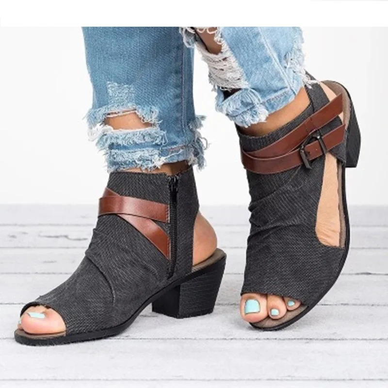 

Vintage Comfort Buckle-Strap Sandals Womens Casual Leather Flats Sandals Femme Zip Open Summer Beach Sandals Plus Size 35-43