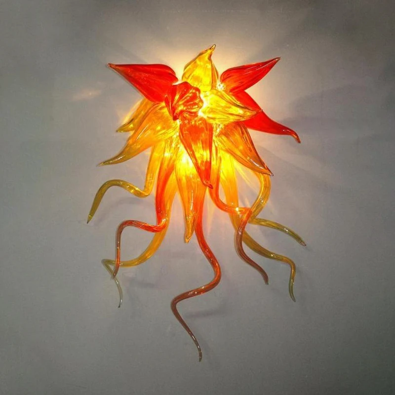 

Hand Blown Glass Wall Lamp Amber Red Flower Sconce European Mounted Lamps with LED Bulbs 12 by 16 Inches Cheap Lights